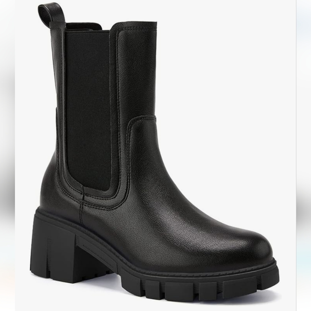 TINSTREE Women's Lug Sole Platform Boots Mid Calf Elastic Chunky Block Heel Leat